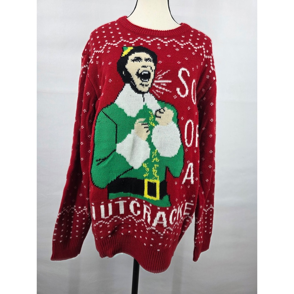 Elf Movie Son of a Nutcracker Holiday Sweater Red Fair Isle Buddy Graphic Large